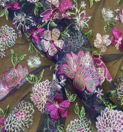 Embroidered Navy Mesh Fabric