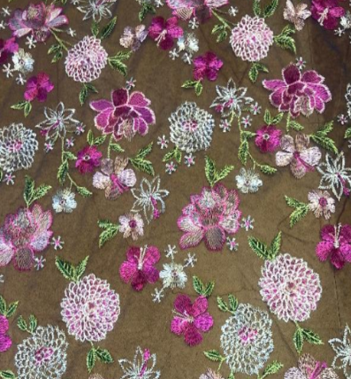 Pink Multi Embroidery on Black Mesh Fabric