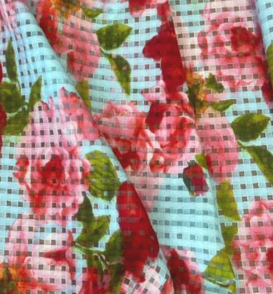 Light Blue Open Check with Pink Floral Fabric