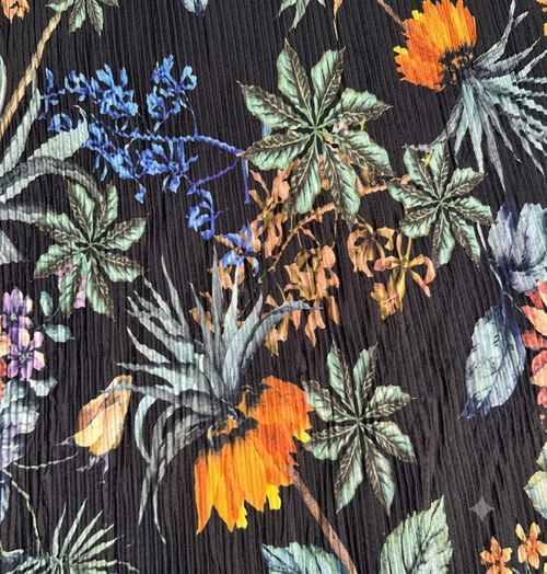 Black Floral Pleated Knit Fabric