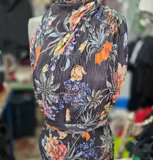 Black Floral Pleated Knit Fabric